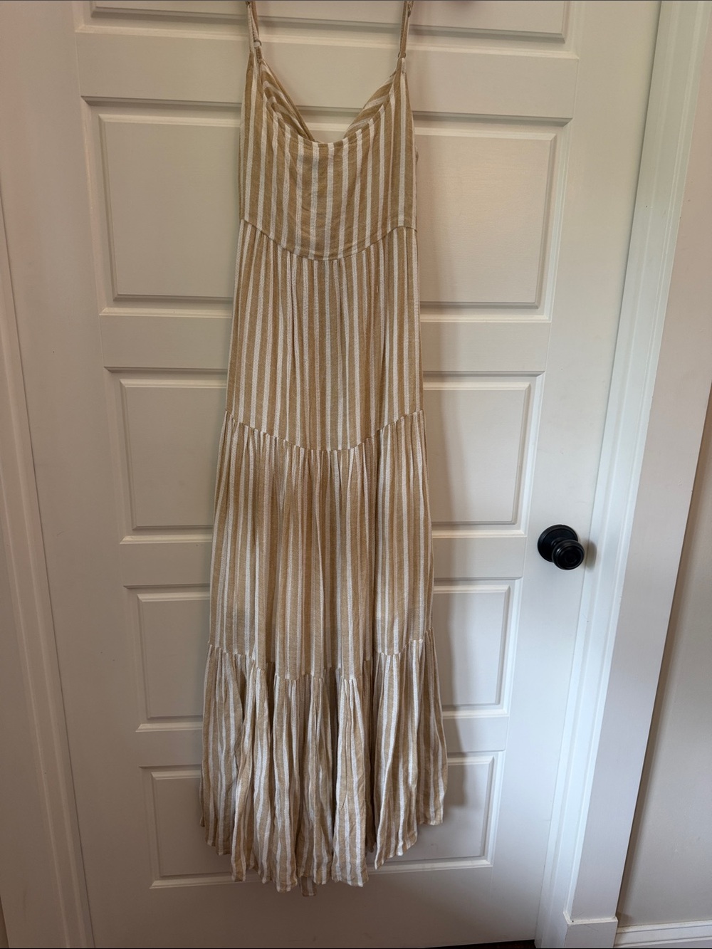 Elan Beige and White Striped Tiered Maxi Dress